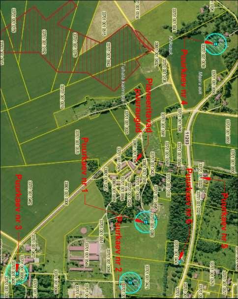 Joonisel 2 on märgitud Keskkonnaregistri andmetel projekteeritavate puuraukude ümbruskonnas paiknevad tarbepuurkaevud. 1000 m raadiuses paiknevad 6 puurkaevu: 1.