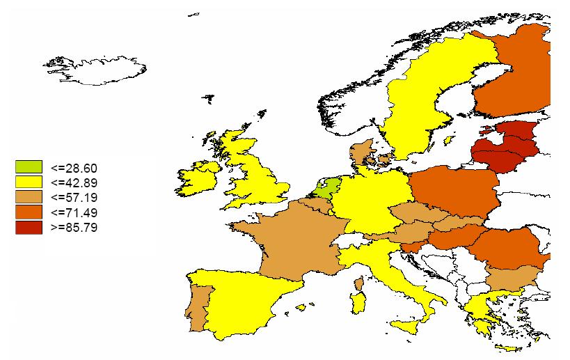 Joonis 1. EL jaotus vigastuste standarditud suremuskordajate (100 000 kohta) järgi (2006).