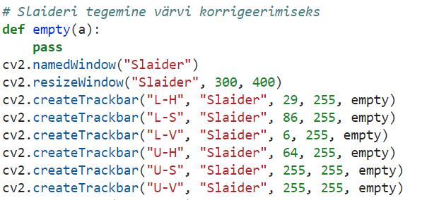 Joonis 3.2 Slaideri tegemine (vt Lisa 1) Joonis 3.3 Slaideri initsialiseerimine (vt Lisa 1) 3.2 Värvipildi töötlemine 3.2.1 Värvi formaadi korrigeerimine Autori arvates võib pildiks lugeda tasapinnalist kujutist või funktsiooni, mille koordinaatsüsteemi väärtused koosneb pikslitest X ja Y.