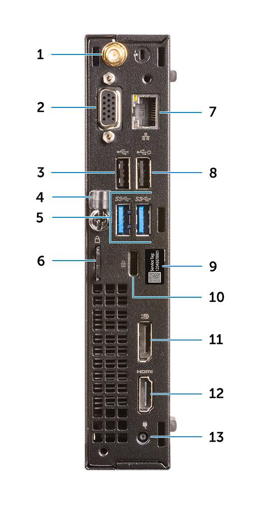 Tagantvaade 1. Välise antenni konnektorid (valikuline) 2. DP1.2/HDMI2.0/VGA/Seeria/Seeria-PS/2 (valikuline) 3. USB 2.0-port 4. Juhtmehoidik 5. USB 3.1 1. põlvkonna pordid (2) 6.