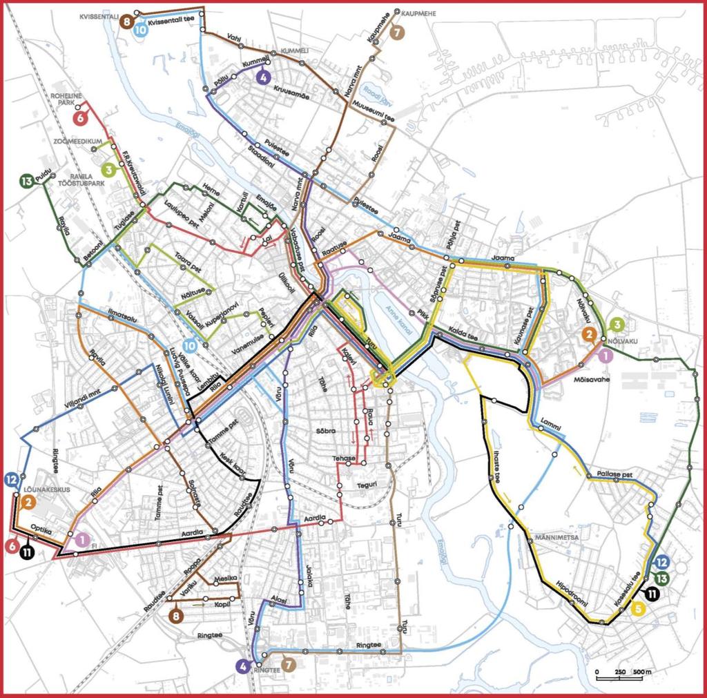 Bussiliinide kaardilt (vt Joonis 3) joonistub välja valdavalt kiirtena kesklinnast kulgevad liinid ida suunas (Annelinn ja Ihaste), edela suunas (Maarjamõisa, Lõunakeskus ja Ränilinn), lõuna suunas