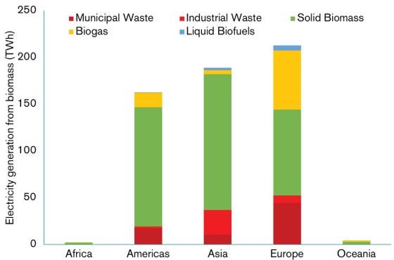Maailma Biomassi Assotsiatsiooni hinnangul on taastuvatest energiaallikatest toodetud elektrienergia koguste arvestuses biomass kolmandal kohal hüdro- ja tuuleenergia järel [23].