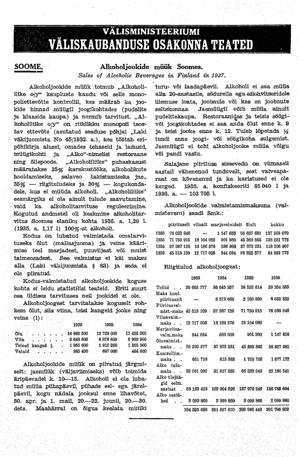 . VÄLISMINISTEERIUMI VÄLISKAUBANDUSE OSAKONNA TEATED SOOME. Alkoholjookide müük Soomes. Sales of Alcoholic Beverages in Finland in 1937.