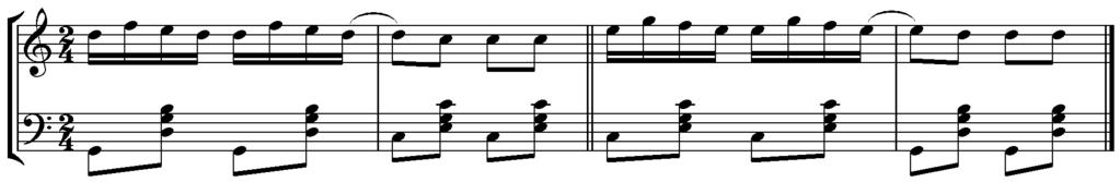 Näide 12. Kuusi Kalamees Lm 1B noodipided. Saatefaktuuris mängimisel on iseloomulik akordi edasi-tagasi mängimine, trillerdamine.