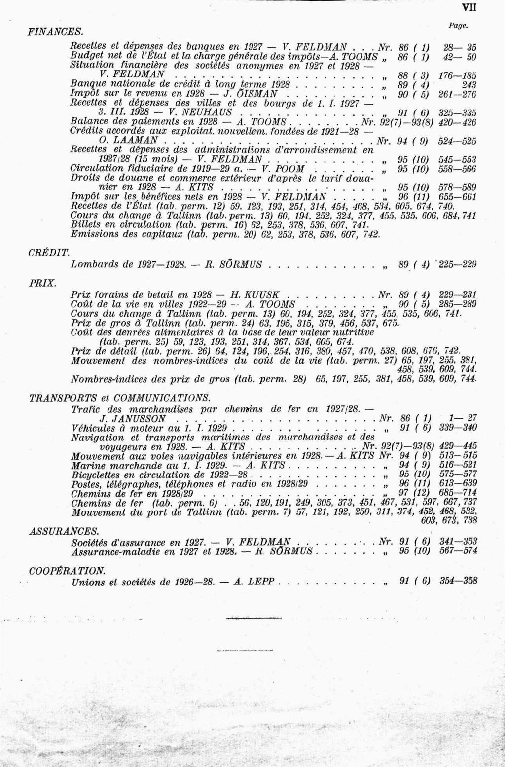 VII FINANCES. Pme ' Recettes et dépenses des banques en 1927 V. FELDMAN... Nr. 86 ( 1) 28 35 Budget net de l'état et la charge générale des impôts A.