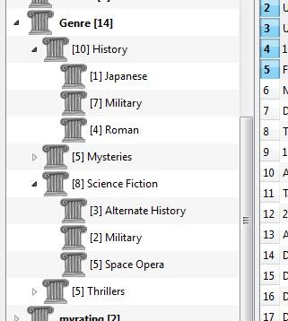 The calibre hierarchy feature gives you the third the ability to see the genres in a tree and the ability to easily search for books in genre or sub-genre.