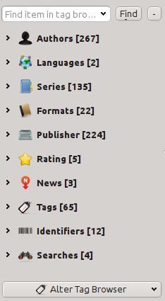 1.11 Siltide sirvija The Tag browser allows you to easily browse your collection by Author/Tags/Series/etc.