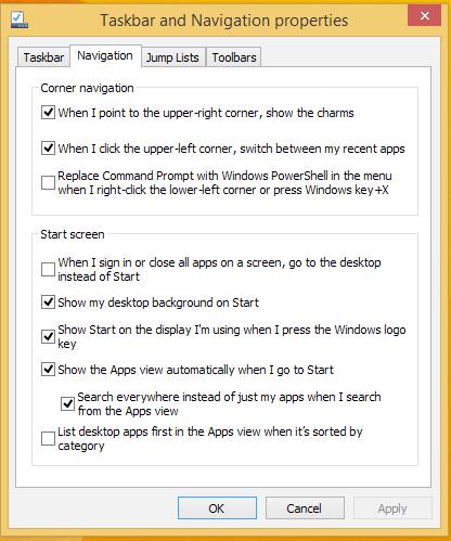 Käivituskuva kohandamine Windows 8.1 võimaldab teil seadme käivituskuva kohandada. Võite näiteks seadme häälestada käivituma otse töölauarežiimi ning ka rakenduste paigutust muuta.