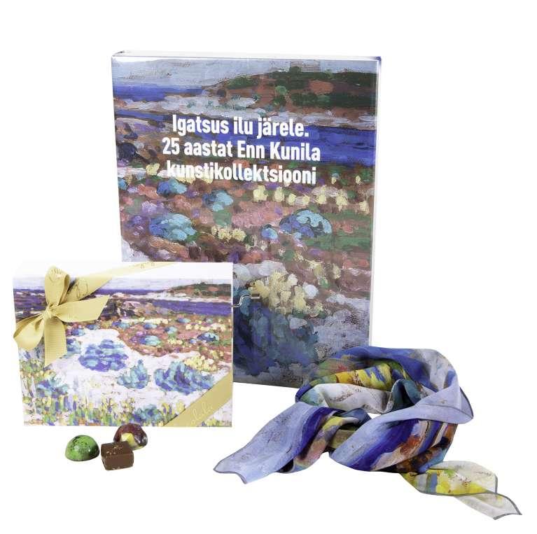 21 19. K. Mägi teemaline kinkekomplekt - raamat + šokolaadikarp 16 kommiga + sall. K. Mägi gift set - book + chocolate box with 16 candies + scarf. 18. A gift box with A.