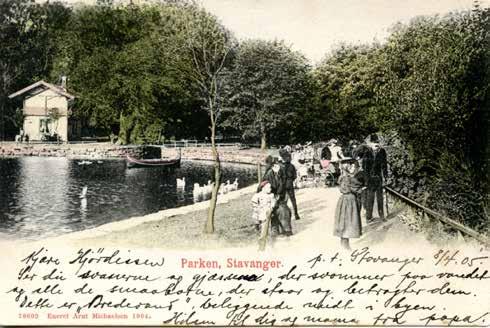 Postkort fra Stavanger SFK s samling Poststemplet i Stavanger 9. april 1905 og levert ut på tur 1 i Kristiania 11. april. Frankert med 6 øre, overfrankert med ett øre.