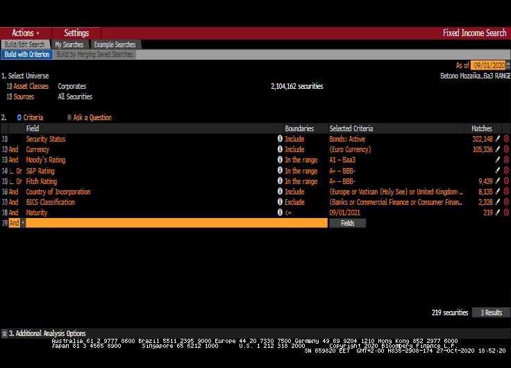 Figure 8. Bloomberg terminal search criteria Source: Bloomberg terminal, 2020 The search yielded 219 securities (bonds) out of which 34 were comparable to the case study.