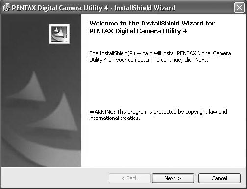 Macintosh 1) Avage töölaual topeltklõpsuga CD-ROM (S-SW90) ikoon. 2) Avage topeltklõpsuga [PENTAX Installer] ikoon. 3 Klikkige [PENTAX Digital Camera Utility 4]. Windows puhul jätkake punktist 4.