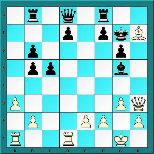 Terava avanguheitluse järel jõuti seisu, kus valge oda h7 läheb vääramatult kaotsi. Kuid enne surma annab ta võimsa hoobi. 25.Oxg6!! Kxg6 26.Vd6+ Kg7 27.