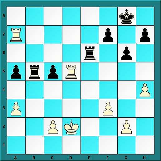 Nelja vankri lõppmäng on valgetele soodsam. Petrosjan näitab, et tema haare ei jää alla raudse nimekaimu omale. 32.h5! gxh5 33.Vxh5 Vbb6 34.Vf5 Vbd6+ 35.Kc3 Ve3+ 36.Kc4 Vd4+ 37.Kb5 Kg7 38.