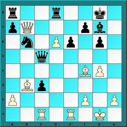 25.Vxe6!! Vab8 [Kui 25...fxe6, siis võidab valge variandiga 26.Oxe6+ Kh8 27.Lg2! Od4 28.Lh3+ Kg7 29.Lh6+ Kf6 30.Of5!