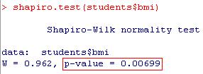 test(students$bmi[students$eriala=='lat'], students$bmi[students$eriala=='lki']) Et p = 0,053, siis ei ole LAT- ja LKI-eriala tudengite kehamassiindeksite jaotuse erinevus statistiliselt oluline.