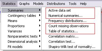OSA 2 --- Kirjeldav statistika R Commander is --- 1) Rakendada tudengite andmestikul mõningaid R Commander i menüüs Statistics -> Summaries sisalduvaid andmetest ülevaate saamiseks ja kirjeldavate