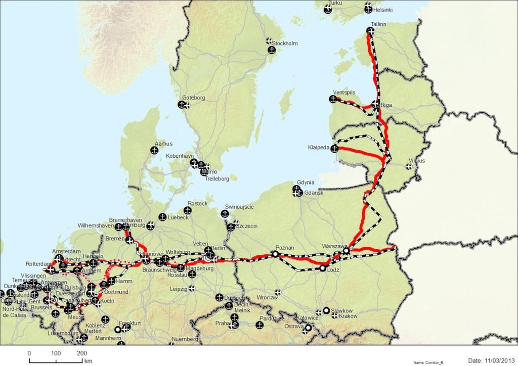 Joonis / Figure 1.1 Kavandatav Rail Balticu raudteetrass on Euroopa Liidu transpordi-infrastruktuuri TEN-T põhivõrgu osa.