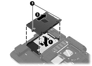 3. Pingutage kahte kõvaketta kruvi (3). 4. Joondage kõvakettakatte sakid (1) arvutil olevate sälkudega. 5. Sulgege kate (2). 6.