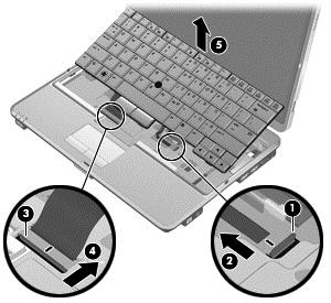 10. Eemaldage arvutilt klaviatuur (5). 11. Mälumooduli asendamisel eemaldage kõigepealt paigaldatud mälumoodul. a. Tõmmake lahti mälumooduli külgedel asuvad kinnitusklambrid (1).