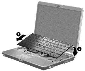 15. Joondage klaviatuuril olevad sakid arvutil olevate sälkudega (1) ja asetage klaviatuur paigale (2). 16.