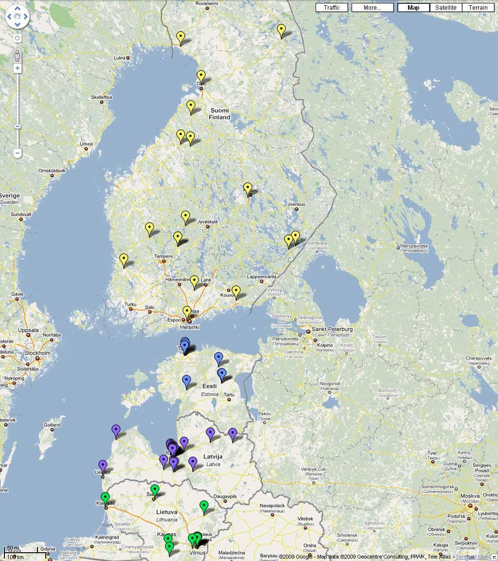 Joonis 5. Pelletituru osaliste geograafiline paiknemine Soomes, Eestis, Lätis ja Leedus (Habicht & Muiste 2009).