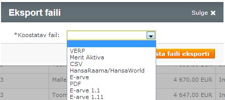 Aktiva, SAF-i ja Eesti e-arvete standardile vastavasse XML formaati. Arve töötlemiseks Excelis saate arve eksportida CSV formaati.