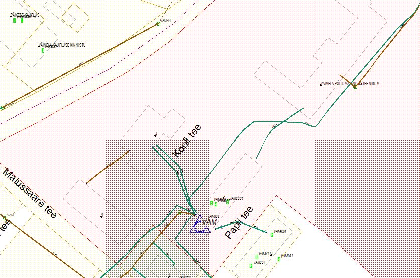 Väimela mõisa maaüksuse detailplaneering 04DP14 Skeem 3. Sidekanalisatsiooni rajamise vajadus. Punase joonega on tähistatud vajalik rajatava sidekanalisatsiooni lõik.