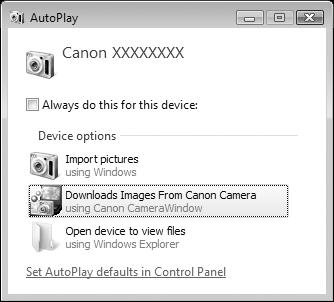 Išsamią informaciją apie sujungimą rasite prie kompiuterio pridėtoje instrukcijoje. Įjunkite fotoaparatą. l Paspausdami 1 mygtuką įjunkite fotoaparatą. Atidarykite CameraWindow.