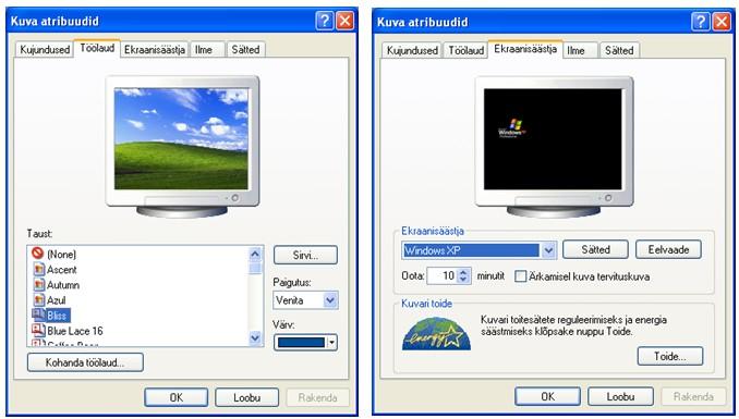 c) ekraanisäästjat (parempoolne pilt antud lehel) pole soovitav valida väga lühikest aega.