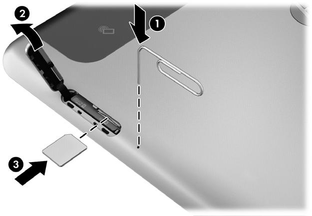4. Sisestage kirjaklambri ots auku (1), mis avab mikro-sim-kaardi pesa katte (2) ja avage see. 5. Sisestage SIM-kaart SIM-kaardi pessa (3) ja lükake, kuni kaart lukustub oma kohale.