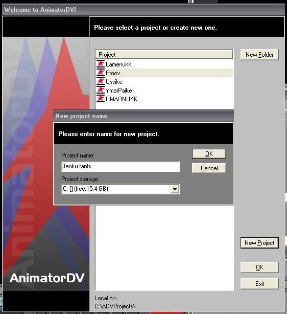 Sul on võimalus valida, kas: 1) valid mõne poolelioleva projekti 2) või lood uue projekti uue animatsiooni jaoks.