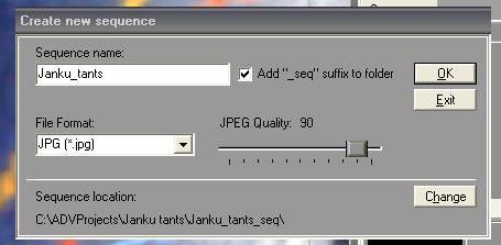 Uue alamkausta loomisel on oluline: 1) Panna kaustale nimi (Sequence name) 2) Valida piltide formaat (File Format) JPG-failid on suuruselt väiksemad.