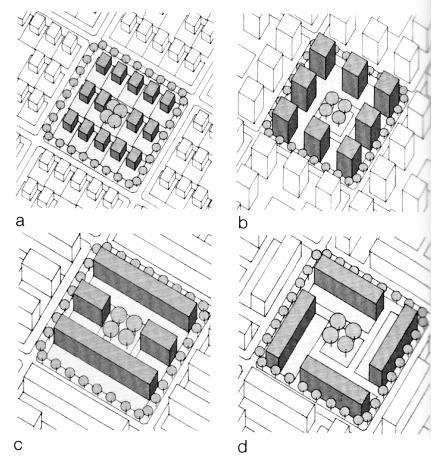 Joonis 2.2 - Energiatõhusad linnaplaneerimisuuringud, mille aluseks on abstraktsed korterelamukvartali tüpoloogiad. a. ühepereelamu kinnistu b. eraldiseisvad korterelamud c.