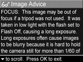 Image Advice (Pildinõuanne) Kui te valite Playback Menu (Taasesitusmenüüs) (lk 67) valiku Image Advice (Pildinõuanne), siis analüüsib kaamera pilti fokusseerimise, särituse jms probleemide osas Kui