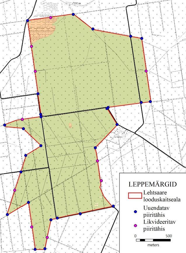 4.1.2. KAITSEALA PIIRITÄHISTE KORRASTAMINE Lehtsaare looduskaitseala välispiirile on paigaldatud kokku 37 keskmise suurusega piiritähist. Piir on piisava selgusega tähistatud.