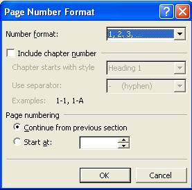 lehel (linnuke ette) Leheküljenumbrite vormindamine Format Page Numbers Valik Vorminda leheküljenumbrid Format Page Number avab akna, mille abil saab ka
