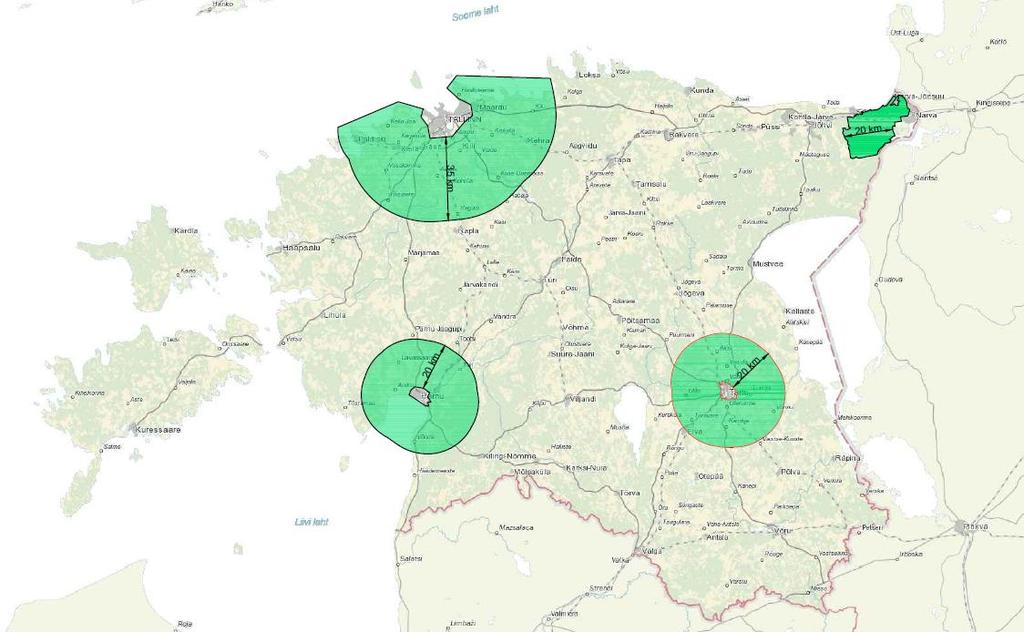 Joonis 11 - LKF-i andmebaasi päringu piirkonnad ehk Tallinna, Pärnu, Tartu ja Narva linnalähialad LKF andmebaasist on tehtud väljavõte nö asukohapõhiselt.