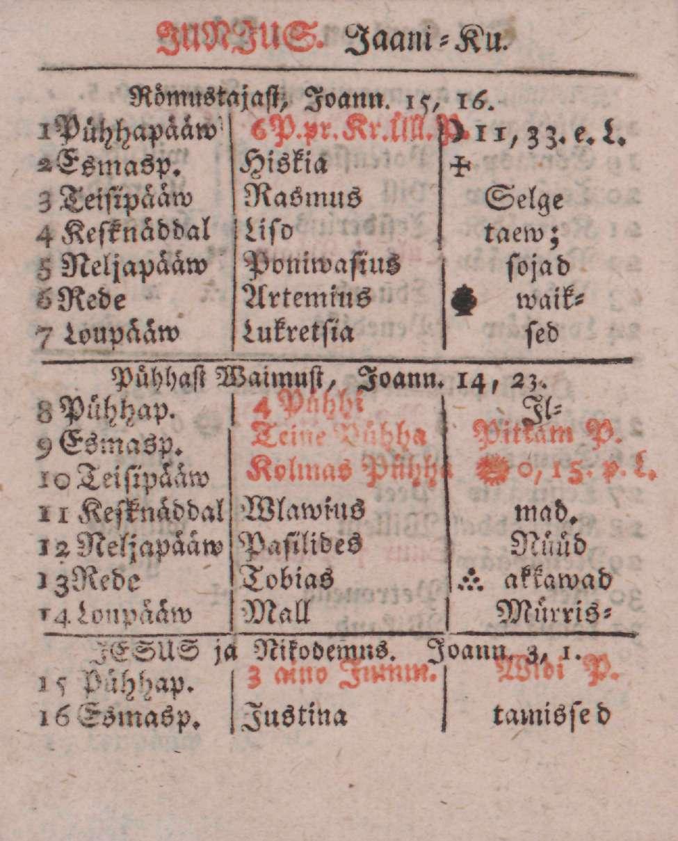 INNIUS. Jaani-Ku. Römnstajast> Ioann. 15, 16. ^Pühhapaaw' 6P.pr.Kr.llll.! ^ii,33.e.l.»esmasp.
