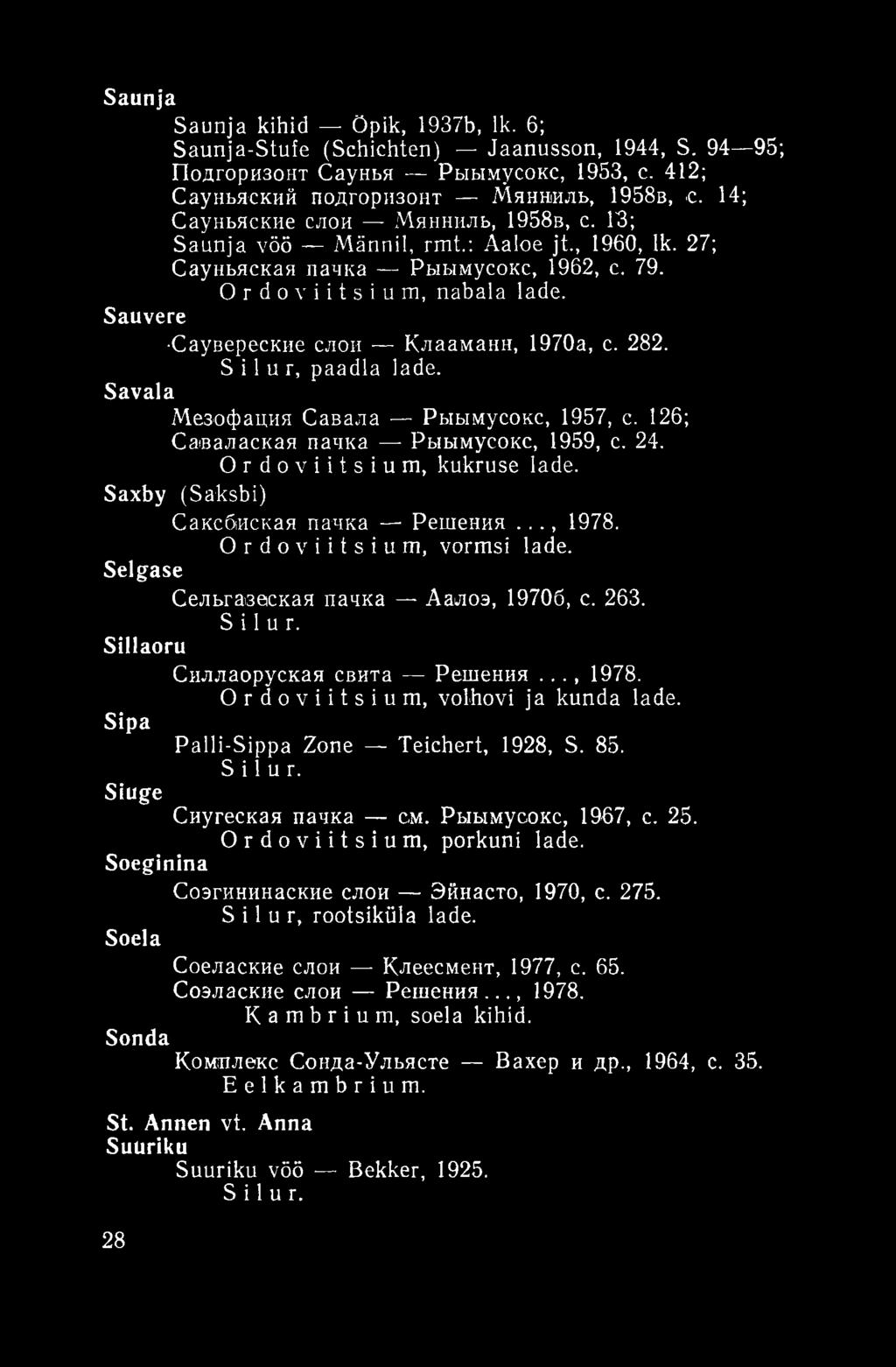 Sauvere Саувереские слои Клааманн, 1970a, с. 282. Silur, paadla lade. Savala Мезофация Савала Рыымусокс, 1957, с. 126; Савалаская пачка Рыымусокс, 1959, с. 24. Ordoviitsium, kukruse lade.