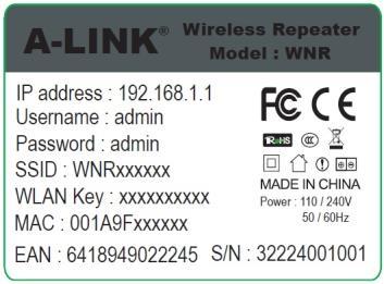 1. Alustades paigaldamine (Üldine informatsioon seadme käivitumist)) Tehase vaikimisi WNR repiiter on toodud allpool seaded: Operation mode = Repeater / AP IP-address = 192.168.1.1 DHCP server =