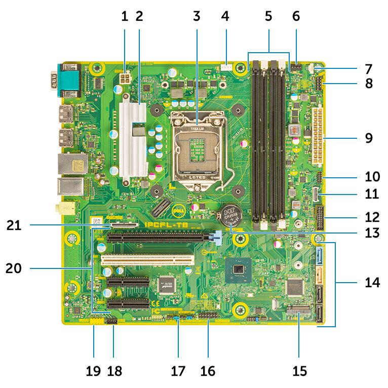 Emaplaadi paigutus Tornsüsteemi plaadi komponendid 1 Toide (CPU) 2 VR Heatsink (saadaval ainult 95 W soojussalvestiga) 3 Protsessori pesa 4 CPU ventilaatori pistmik 5 Mälumooduli konnektor 6 Süsteemi