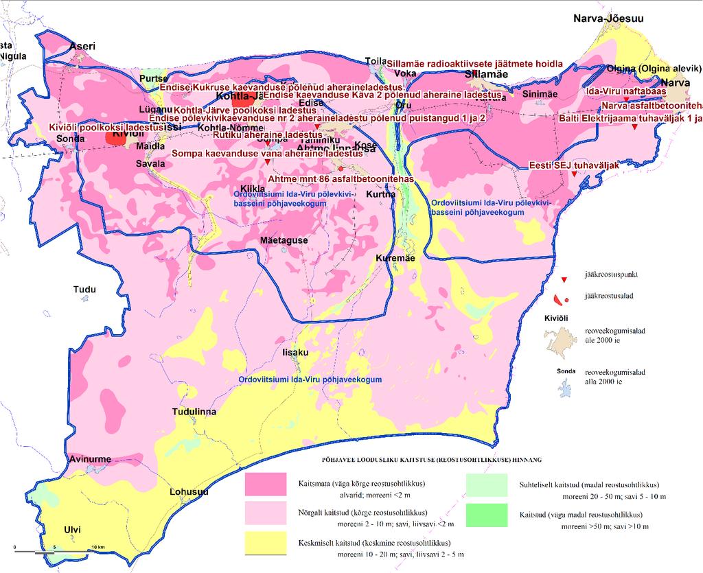 Joonis 5.2 Ordoviitsiumi Ida-Viru ja Ordoviitsiumi Ida-Viru põlevkivibasseini põhjaveekogumite loodusliku kaitstuse ja saastunud põhjaveega alade kaart 5.