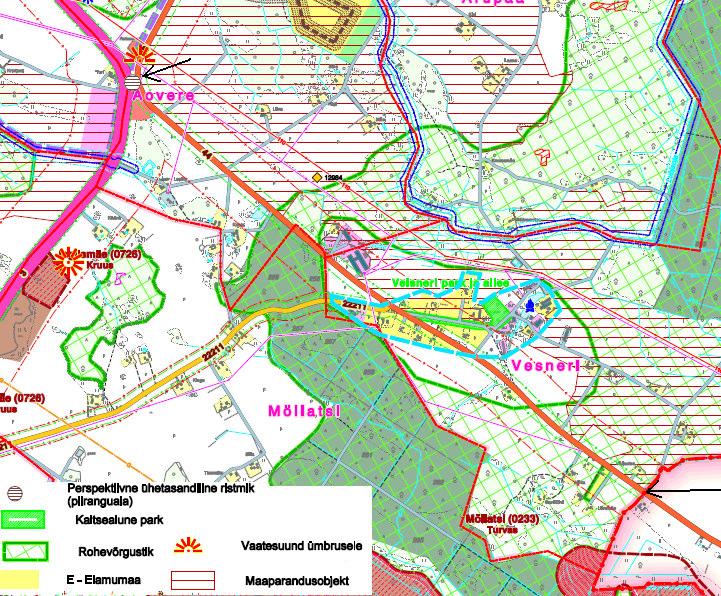 Joonis 1.2. Väljavõte maanteetrassi asukohast km 0,00-4,05 (algus ja lõpp on tähistatud nooltega) Tartu valla üldplaneeringu (2008) alusel.