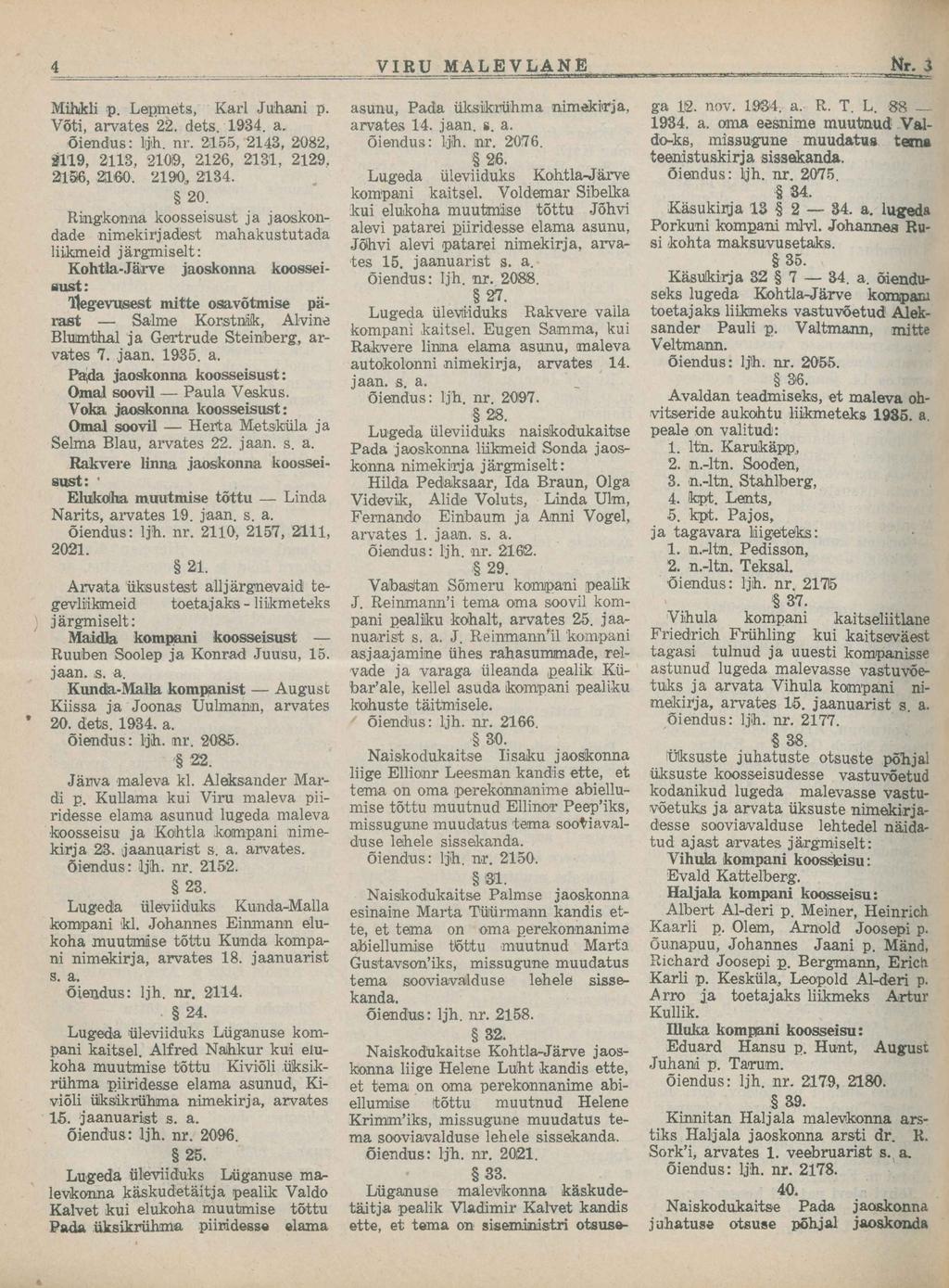 Mihkli p, Leemets, Karl Juhani p. Võti, arvates 22. dets. 1934. a. Õiendus: ljh. nr. 2155, 2143, 208