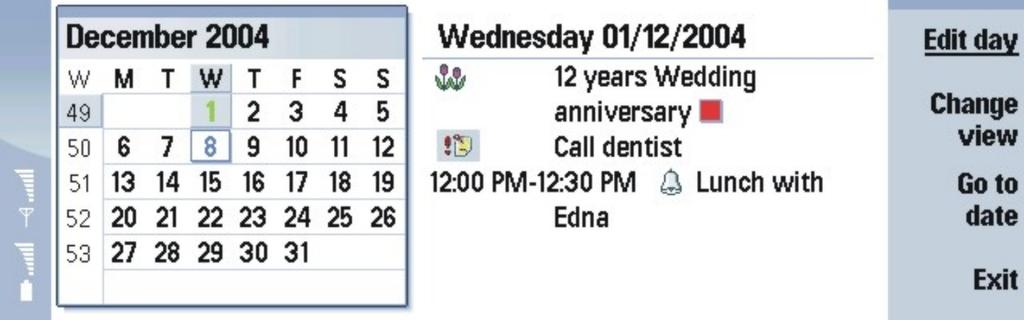 11. Kalender Menüüsse Calendar saab salvestada kohtumisi ja muid meeldetuletusi. Soovi korral võite lisada kirjetele meeldetuletussignaali.