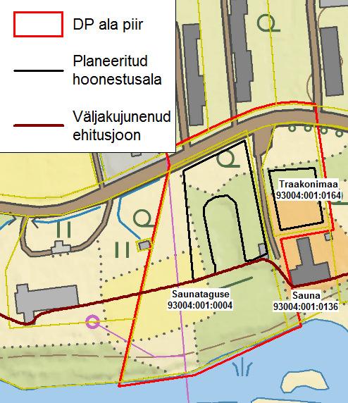Joonis 5.5 Väljakujunenud ehitusjoon DP piirkonnas (aluskaart: Maa-amet, 2016).